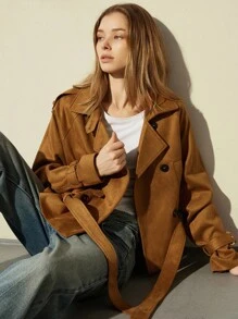 Aveloria Modichic Chaqueta de motociclista con ciervo y cinturón marrón, abrigo corto de lana - Marrón - Ver 5