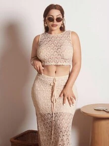 Lupita Cardoza WYWH 女士度假钩针针织上衣和开衩下摆半身裙套装，非常适合音乐节和波西米亚风格，钩针服装两件套 - 杏色 - 查看 5