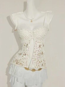 SHEIN ICON Áo hai dây đan hở lưng phối ren trang trí vỏ sò phong cách nghỉ mát mùa hè cho nữ - trắng - Xem 3