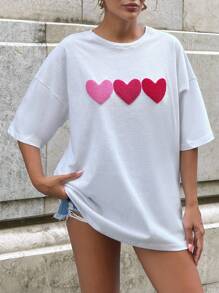 EURMUSE 100Cotton WHITE OVERSIZE Casual T-SHIRT WITH EMBROIDERY HEART DETAİL Travel Summer - White - View 5