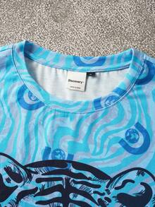 Discovery X SHEIN Men's Casual Street Tiger & Letter Print Loose Fit T-Shirt, Summer - Blue - View 3