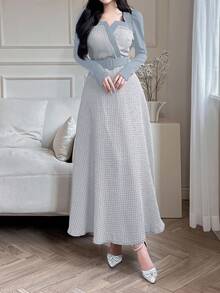 Feyla 女士长袖长裙，简约时尚休闲日常穿着长款晚礼服 - 藍色 - 查看 4