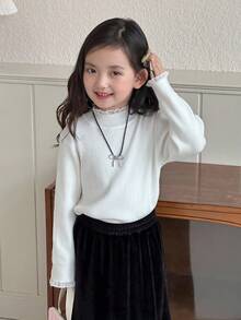 DAZY Young Girls Solid Color Lace Patchwork Long Sleeve Sweater, Korean Style, Autumn/Winter - Beige - View 1