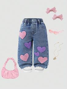 SHEIN 女嬰休閒可愛風城市心形刺繡鬆緊腰寬腿牛仔褲 夏季畢業季 藍色與粉色 秋季 - 中等水洗藍 - 查看 1