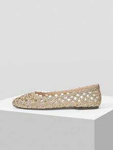 MOTF PREMIUM 女士编织蝴蝶结镂空金色平底鞋 - 金色 - 查看 3