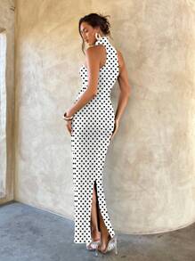 Aloruh 女士优雅性感金属扣复古波尔卡圆点印花装饰镂空紧身黑色针织弹力连衣裙，适合约会 - 白色 - 查看 2