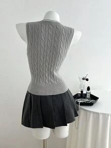 Elamini 女式V领休闲百搭学院风针织背心 - 灰色 - 查看 3