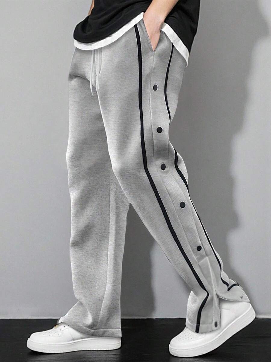Manfinity Homme Loose Fit Men's Contrast Piping Button Side Drawstring Waist Sweatpants - Grey - View 1