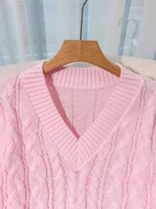 Franclia New Loose Soft Sweet Pink Slouchy Design V-Neck Thick Cable Knit Pullover Sweater For Women, Versatile For Autumn/Winter Fall Cloth For Women - Pink - View 7