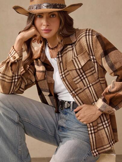 Wildy 新款秋季美式乡村风格休闲格子长袖女衬衫