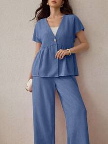 Modelyn 2件組女裝套裝：蝙蝠袖鈕扣襯衫與鬆緊腰直筒長褲，春/秋季 - 藍色 - 查看 6
