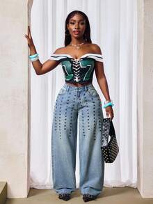 Slaydiva Women's Fashion Street Rivet Decor Wide Leg Loose Fit Jeans