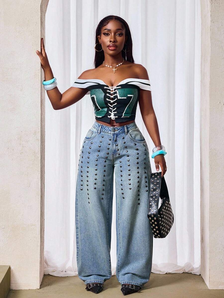 Slaydiva Women's Fashion Street Rivet Decor Wide Leg Loose Fit Jeans