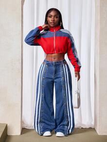 Slaydiva Chaqueta de mezclilla corta de mujer con bloqueo de color lavado