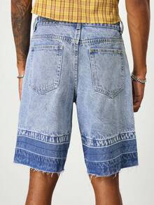 ROMWE MEN Casual Men's Fashion Pockets Frayed Hem Color Block Denim Shorts - Blue - View 3