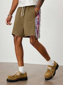 ROMWE MEN Prep Men's Plaid Patchwork Drawstring Waist Pocket Loose Casual Shorts - Brown - View 1
