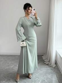 Rafferiza Women's Loose V-Neck Ruffle Hem Long Sleeve Robe, Turkish Robe, Arabian Robe Fall Cloth For Women - Green - View 5