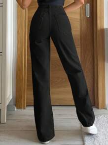 SHEIN Tall 100% 纯棉女式纯色直筒高腰牛仔裤 - 黑色 - 查看 2