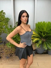 Lucia Bellido 女式 YTK 性感蕾丝边修身吊带背心牛仔上衣束身衣狂欢上衣狂欢节服装 - 深灰色 - 查看 1