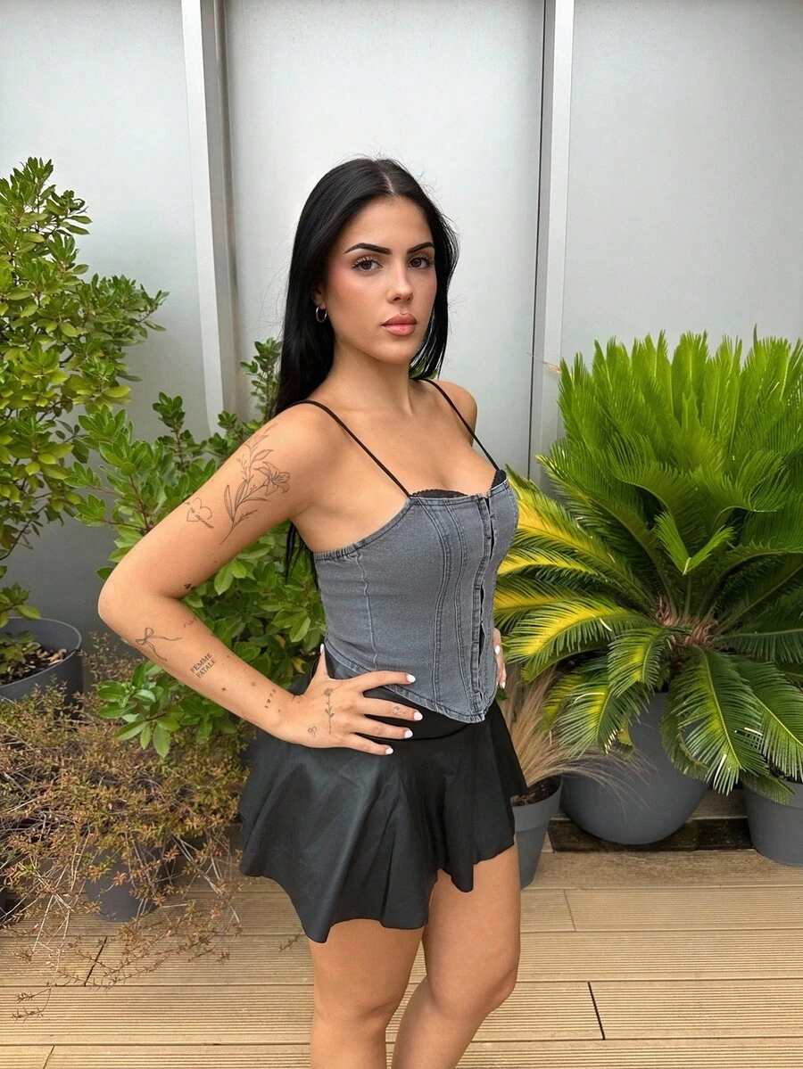 Lucia Bellido 女式 YTK 性感蕾丝边修身吊带背心牛仔上衣束身衣狂欢上衣狂欢节服装 - 深灰色 - 查看 1