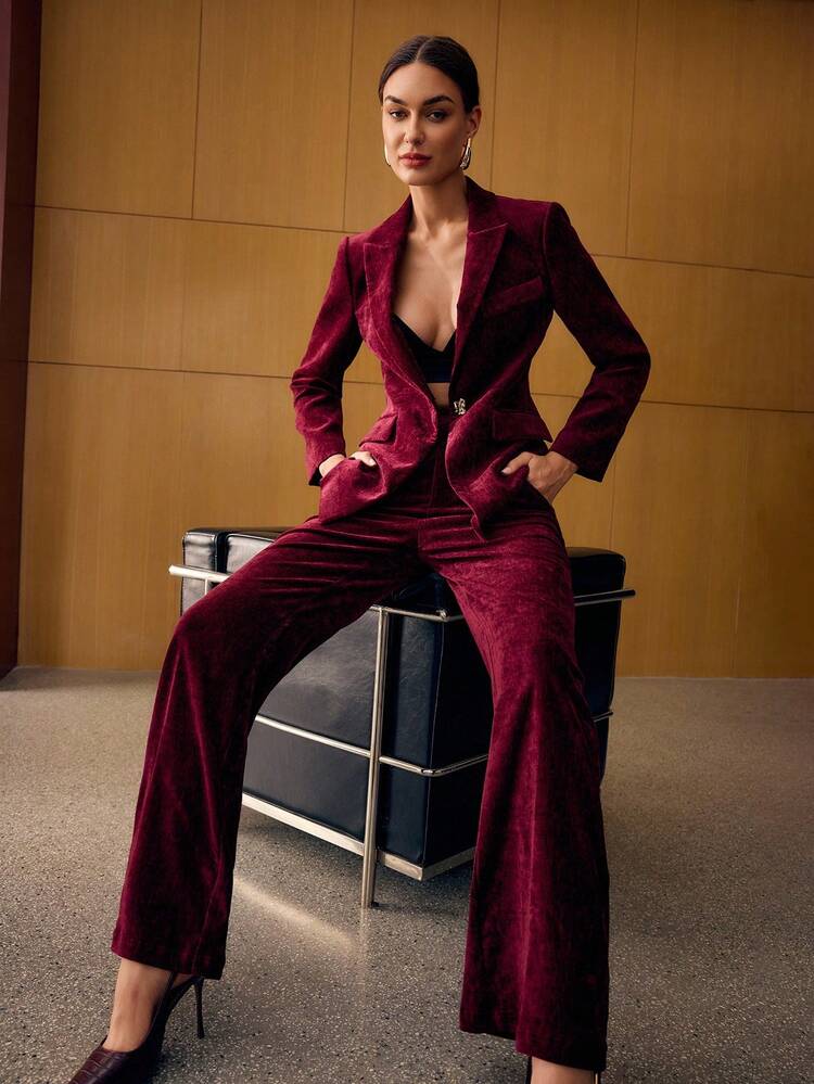 VELVET SOLID SEAM FRONT FLARE LEG SUIT PANTS