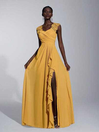 Elitara 对比色蕾丝荷叶边饰褶饰礼服优雅舞会晚会婚礼宾客礼服，适合毕业典礼、晚宴派对礼服