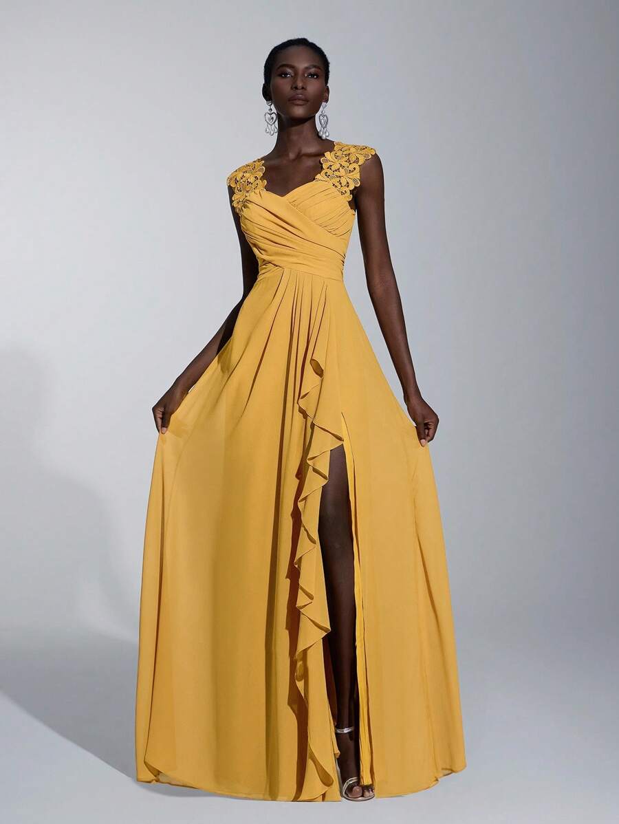 Elitara Contrast Lace Ruffle Trim Ruched Formal Dress Elegant Prom Evening Wedding Guest Gown, For Graduation, Dinner Party Dress - Yellow - View 1