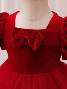 Glamorique Kids Robe de fête de Noël pour bébé fille, robe du Père Noël, robe du Nouvel An, robe de princesse en velours et tulle à manches bouffantes avec nœud papillon pour jeune fille, convient pour Noël, Halloween, représentations sur scène, Moyen-Orient, occasions formelles, toutes saisons, robe de Noël - Rouge - Voir 7