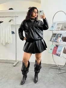 SHEIN EZwear Plus Drop Shoulder Zip Up PU Leather Jacket Winter Fall Autumn - Black - View 5