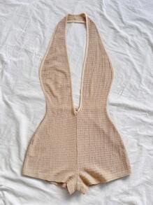 Soleia 女士度假白色针织纹理波浪图案深 V 领露背性感紧身衣，时尚合身，适合派对、约会、下午茶、波西米亚风度假、海滩、夏季服装