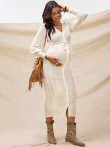 Boho Mama Vestido de maternidad casual de unicolor con botones frontales y ajustado al Body - Albaricoque - Ver 8