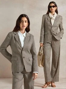 Briarwyn 女式格子翻领长袖西装外套和裤子休闲套装，秋季女装，返校季，复古风女式冬季夹克，复古女装 - 棕色 - 查看 8