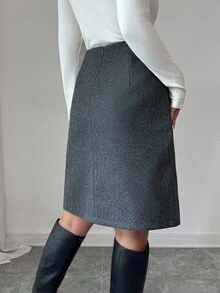 Elenzga Women's Solid Color Knee-Length Side Slit Hem Button Design A-Line Skirt - Dark Grey - View 2