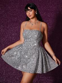 Viva Relle Plus Size Women's Sequin Backless Mini Party DressValentine's Day - Silver - View 3