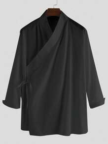 Manfinity Homme 男士纯色简约V领衬衫，长袖和服东京纯黑色都市日式衬衫，武士衬衫，秋季