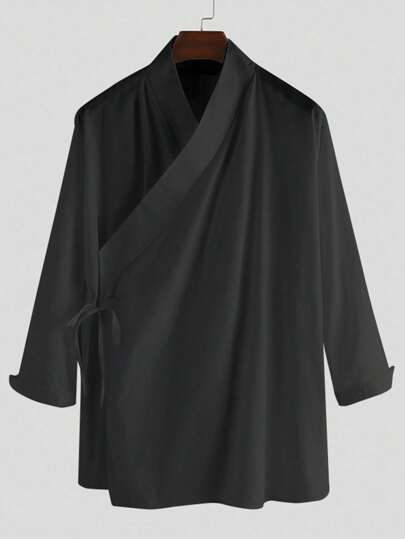 Manfinity Homme Men's Solid Color Simple V Neck Shirt, Long Sleeve Kimono Tokyo Plain Black Urban Japanese Style Shirt, Samurai Shirt, Fall