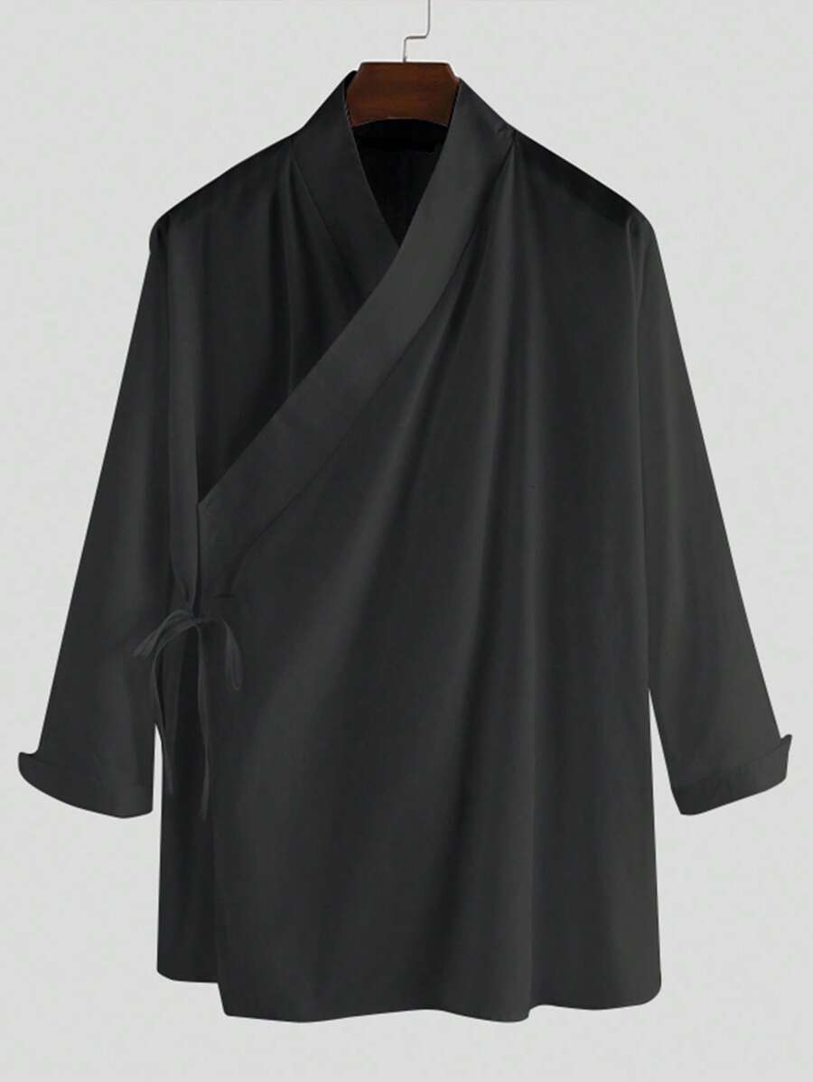 Manfinity Homme 男士纯色简约V领衬衫，长袖和服东京纯黑色都市日式衬衫，武士衬衫，秋季