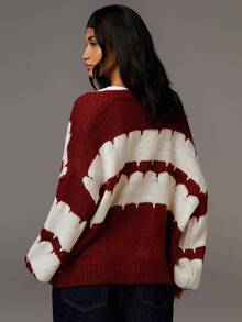Athîral 女士休闲拼色落肩开衫、圣诞节、圣诞羊毛、秋冬羊毛、情人节、秋冬女士开衫、勃艮第酒红、拼色开衫、粗针织开衫、灯笼袖开衫 - 彩色 - 查看 2