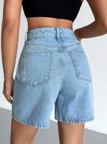 EURMUSE Short en jean taille haute avec ceinture asymétrique - Jean bleu - Voir 2