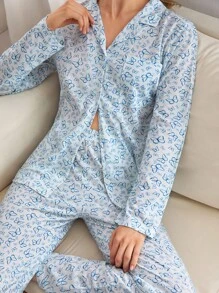 EURMUSE 女士两件套蝴蝶图案纽扣前襟家居服舒适睡衣套装 - 白色 - 查看 5