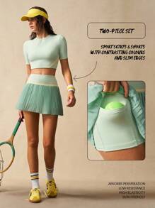 VARSIVA Women's Multicolor Knitted Colorblock Crop Sports Set With Round Neck And Short Sleeves Tennis Skirt Set Women Tennis Outfit 2 Pieces Workout Set Women Pleated Tennis Skirt Athletic Skirt Set