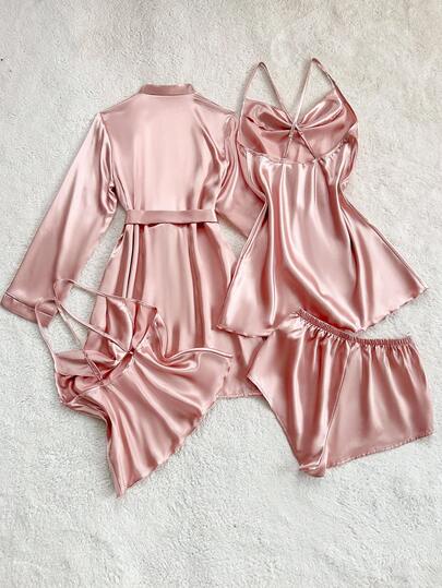 SilkySpell Plunging Neck Camisole Top, Shorts, Robe Sleepwear Set Satijnen Pajama Roze Pyjama Zijden Cozy Elegante s, Fall Clothes view 2