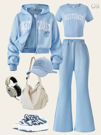 SHEIN Casuvi Kids 3 件套女童休闲运动服，白色字母印花，蓝色卡通图案，蓝色罗纹，2 个口袋，适合上学、郊游、散步、旅行