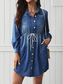 EMERY ROSE Women's Casual Denim Dress With Pockets And Drawstring - Blue - View 5