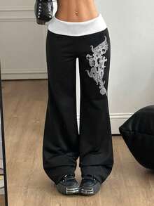 Coolane Women's Summer Festival Renaissance Fair Streetwear Vintage Y2K Grunge Graphics Stretchy Turn-Down Trousers Black Straight Leg Pants Wide Leg Sweatpants Goth Pants,Fall