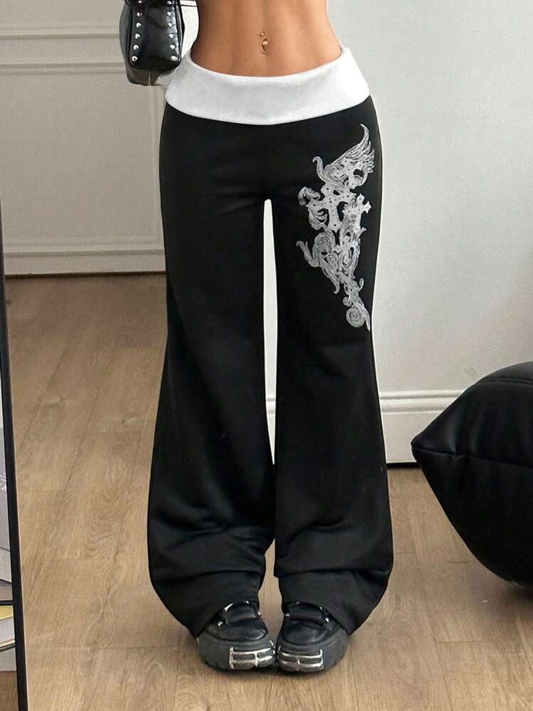 Coolane Pantalon droit noir à jambes droites, style vintage Y2K grunge, avec graphiques, pour femmes. Idéal pour les festivals d'été et les foires de la Renaissance.