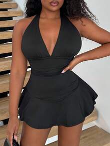 Alexandranx Bộ đồ liền thân bó sát cổ yếm cạp cao co giãn cho nữ có viền bèo nhún - màu đen - Xem 3