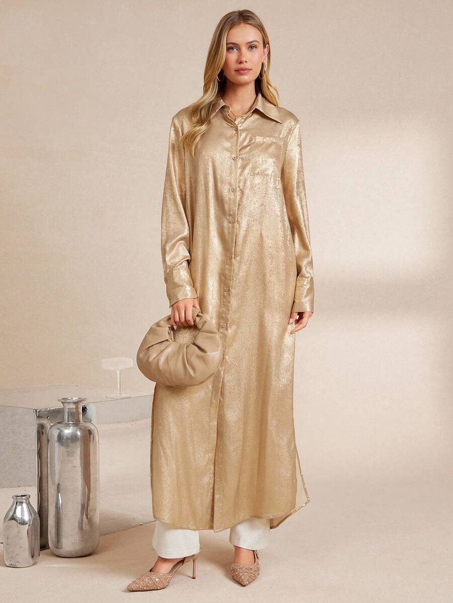 Amorya Women's Elegant Gold Shirt Collar Long Split Dress,Autumn Satin Silky Maxi Dress For Party,Gatherings,Commuting And Halloween Costume - Gold - View 1