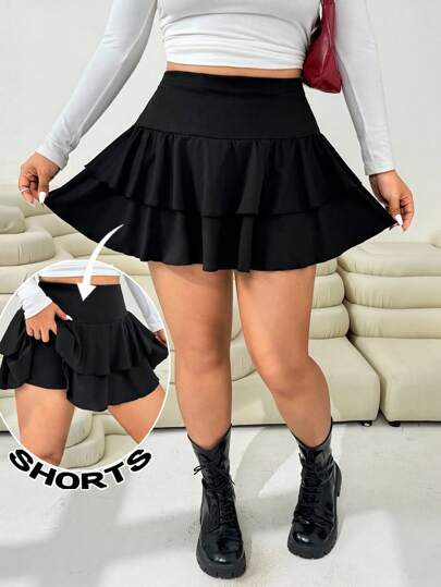 Solflare Plus Size Women Casual Solid Color Skirt,Antistatic Fabric,Warm,Autumn/Winter,Fall,Back To School,Black Double Layer Ruffle Hem A-Line Skirt For Going Out Design To Prevent Exposure