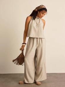 SHEIN VCAY Conjunto de 2 piezas de top casual con hombros descubiertos y pantalones holgados para tallas grandes - Albaricoque - Ver 5